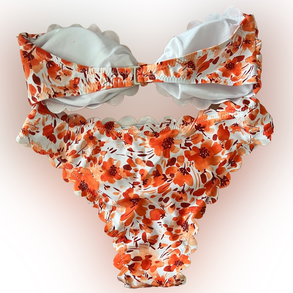 Orange Floral Scallop Trim Bandeau High Waisted Bikini Set - Picture 4 of 7